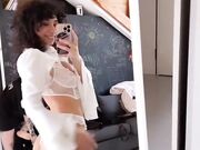 Sar4 Holm3s lingerie bianca selfie of